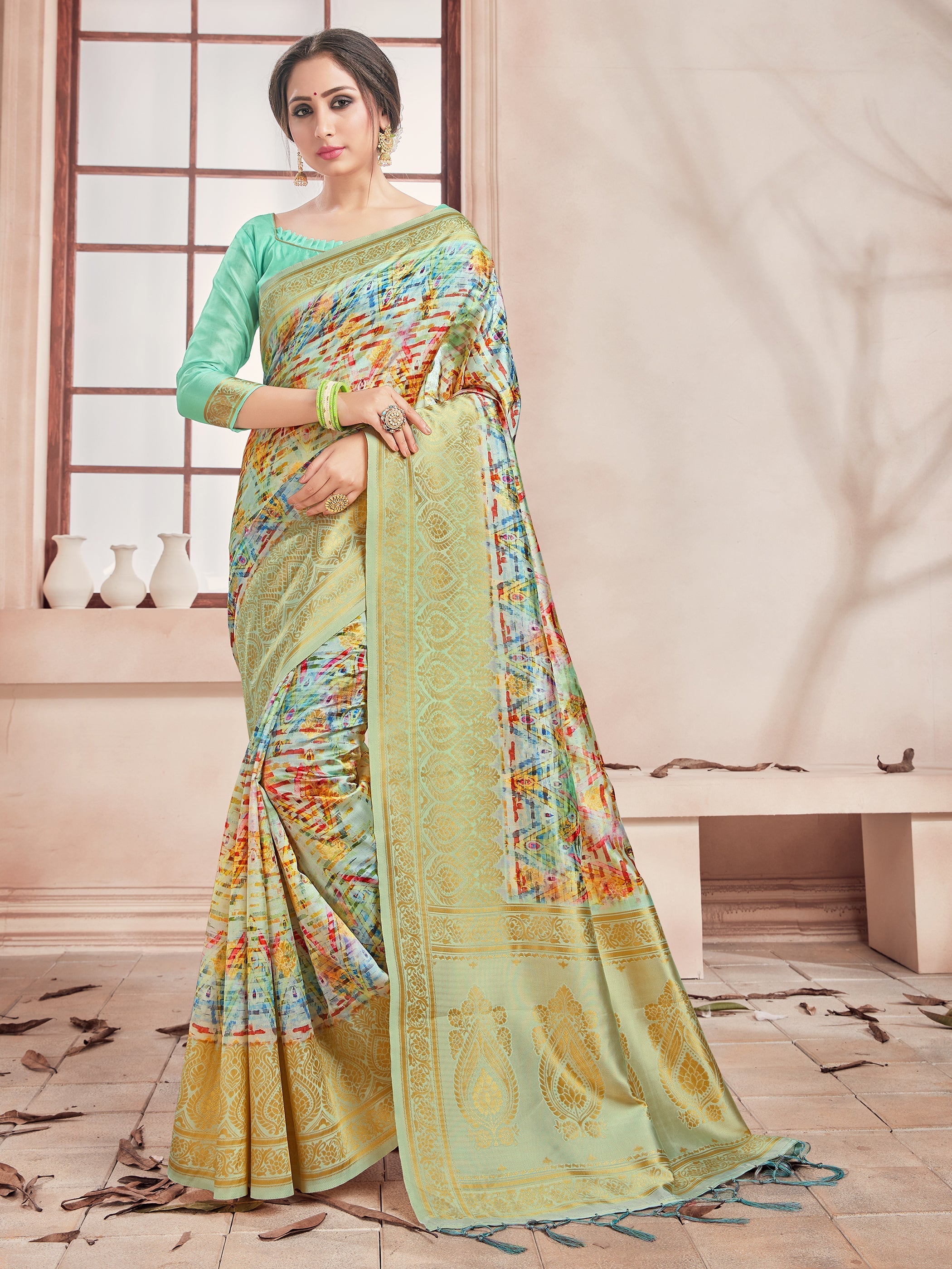 Chic Multi Banarasi Art Silk Digital Print with woven border Saree 
