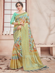 Chic Multi Banarasi Art Silk Digital Print with woven border Saree 