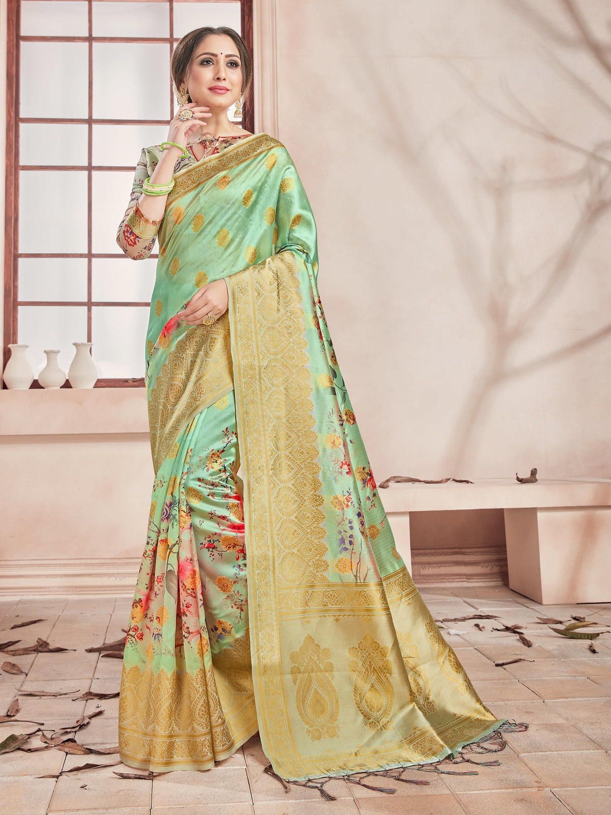 Beautiful Green Banarasi Art Silk Digital Print with woven border Saree 