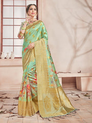 Beautiful Green Banarasi Art Silk Digital Print with woven border Saree 