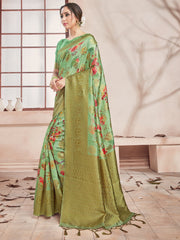 Elegant Olive Green Banarasi Art Silk Digital Print with woven border Saree