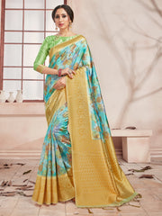 Chic Turquoise Banarasi Art Silk Digital Print with woven border Saree 