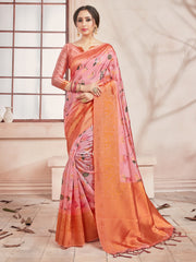 Beautiful Peach Banarasi Art Silk Digital Print with woven border Saree 