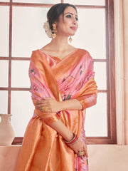 Beautiful Peach Banarasi Art Silk Digital Print with woven border Saree