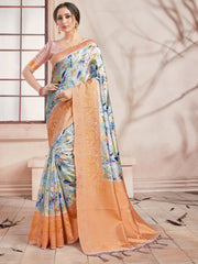 Elegant Off White Banarasi Art Silk Digital Print with woven border Saree 