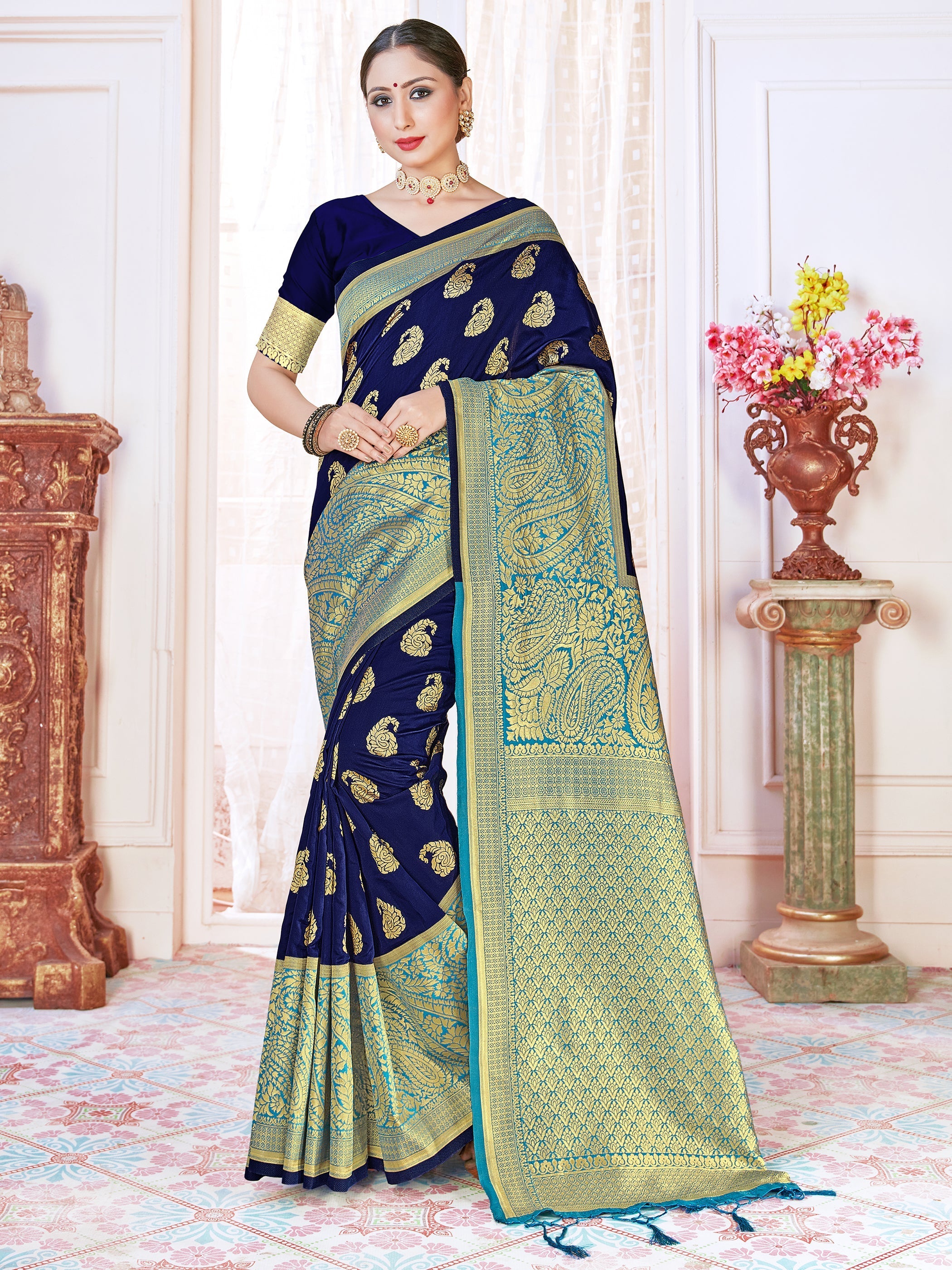 Stunning Navy Blue Banarasi Art Silk Woven Saree 