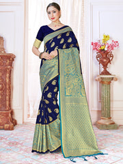 Stunning Navy Blue Banarasi Art Silk Woven Saree 