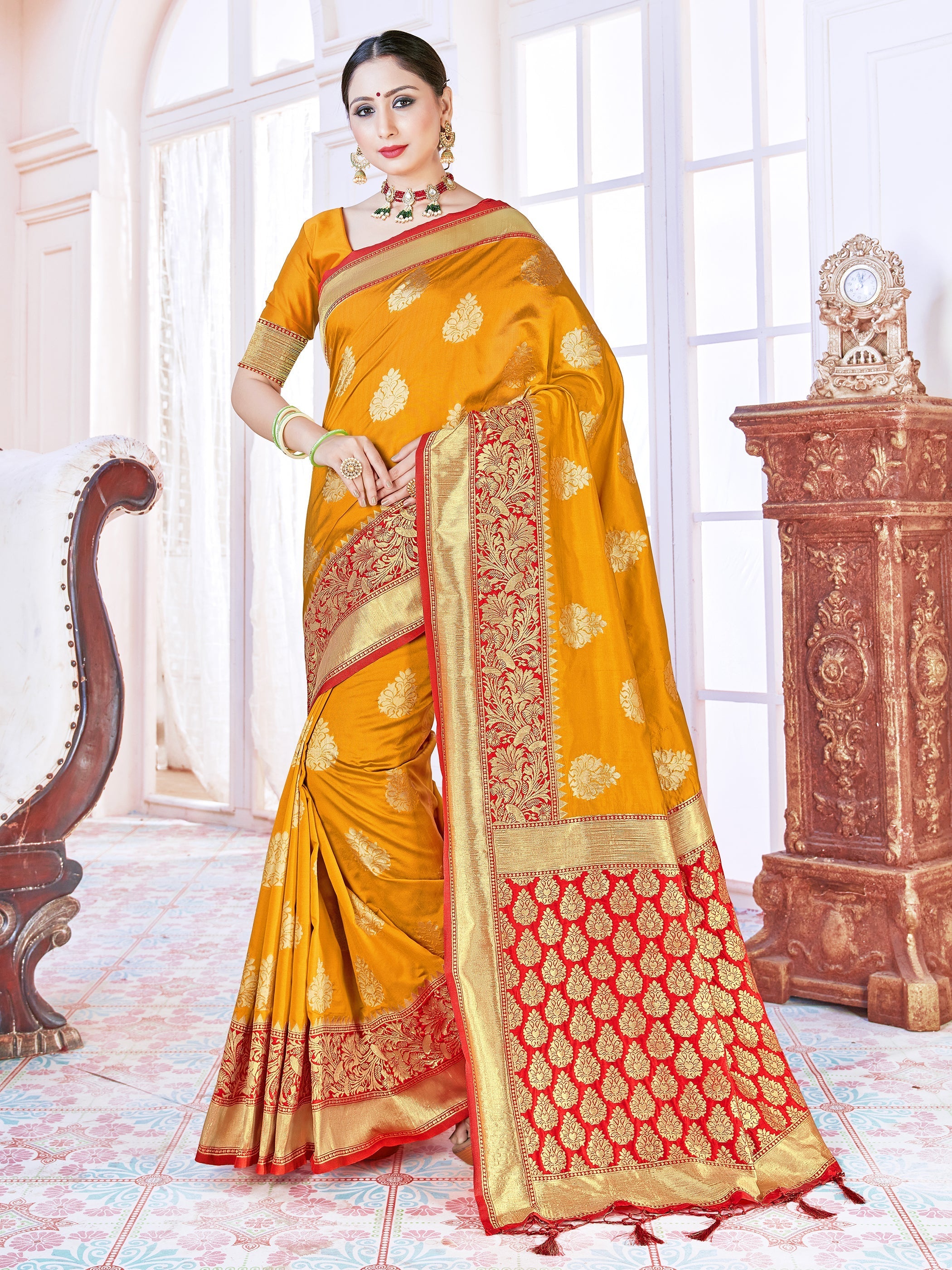 Elegant Mustard Banarasi Art Silk Woven Saree 