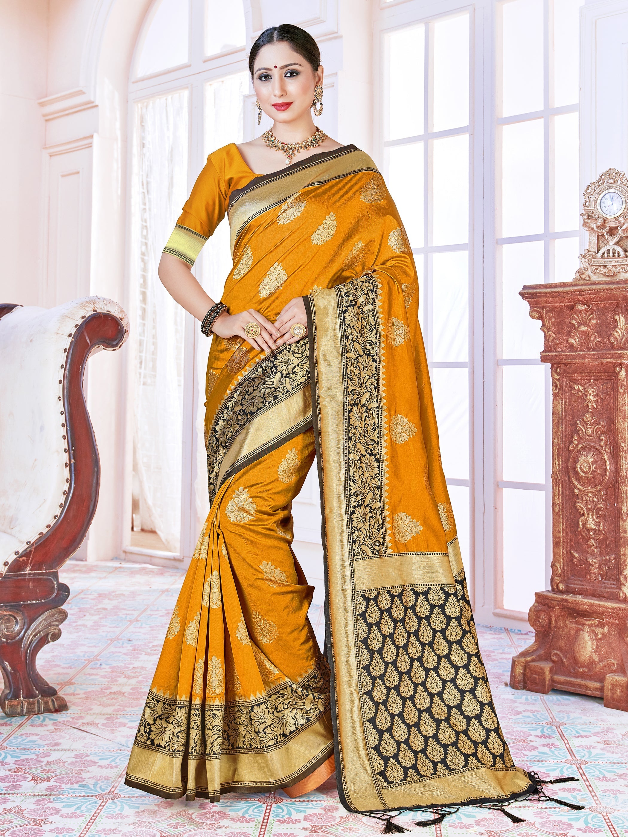 Chic Mustard Banarasi Art Silk Woven Saree 