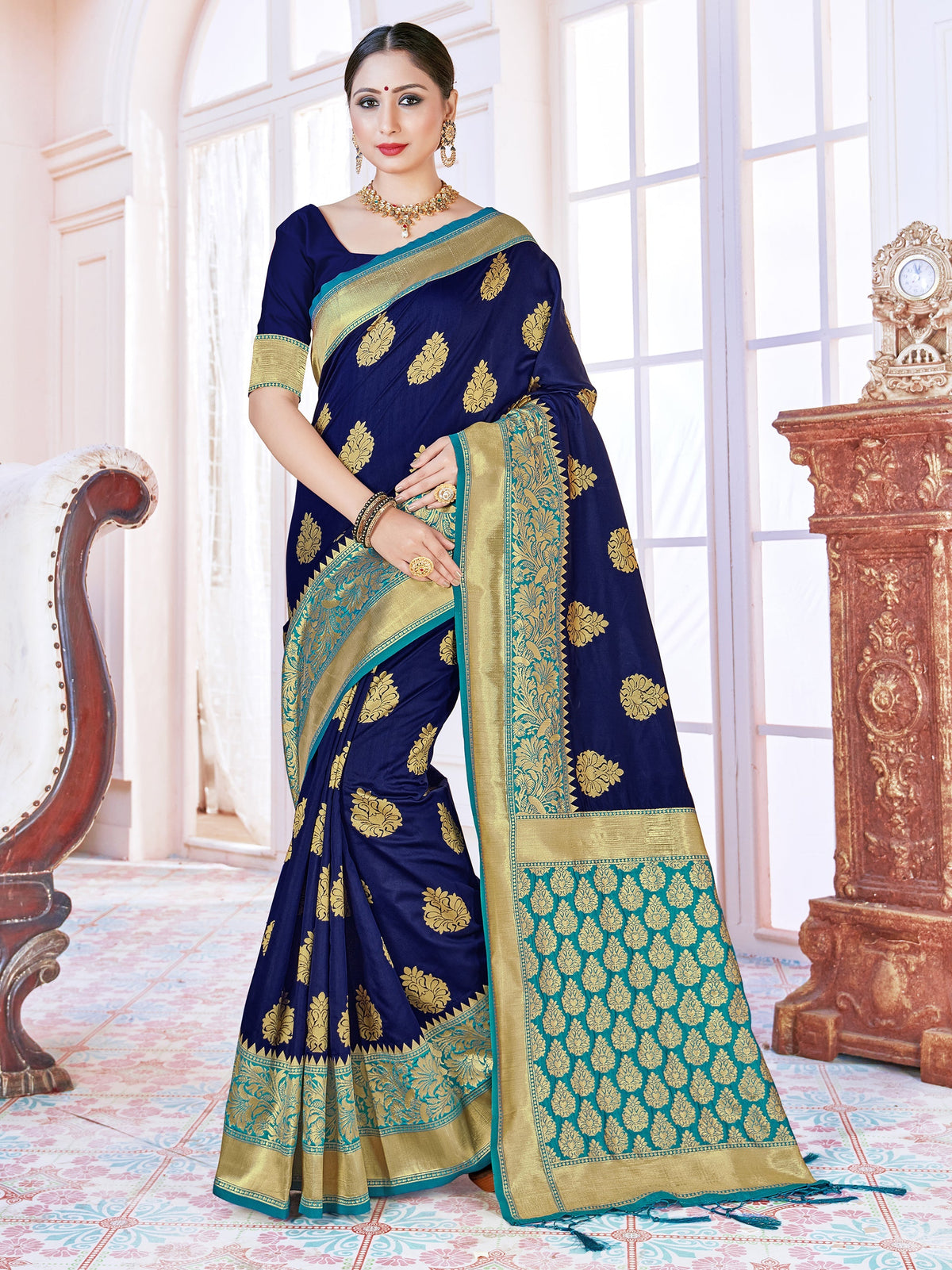 Stunning Navy Blue Banarasi Art Silk Woven Saree 