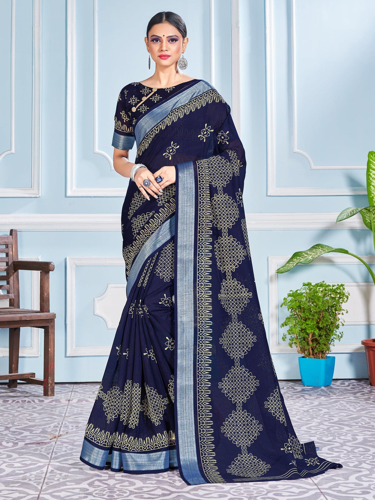 Stunning Navy Blue Cotton Silk Printed Saree 