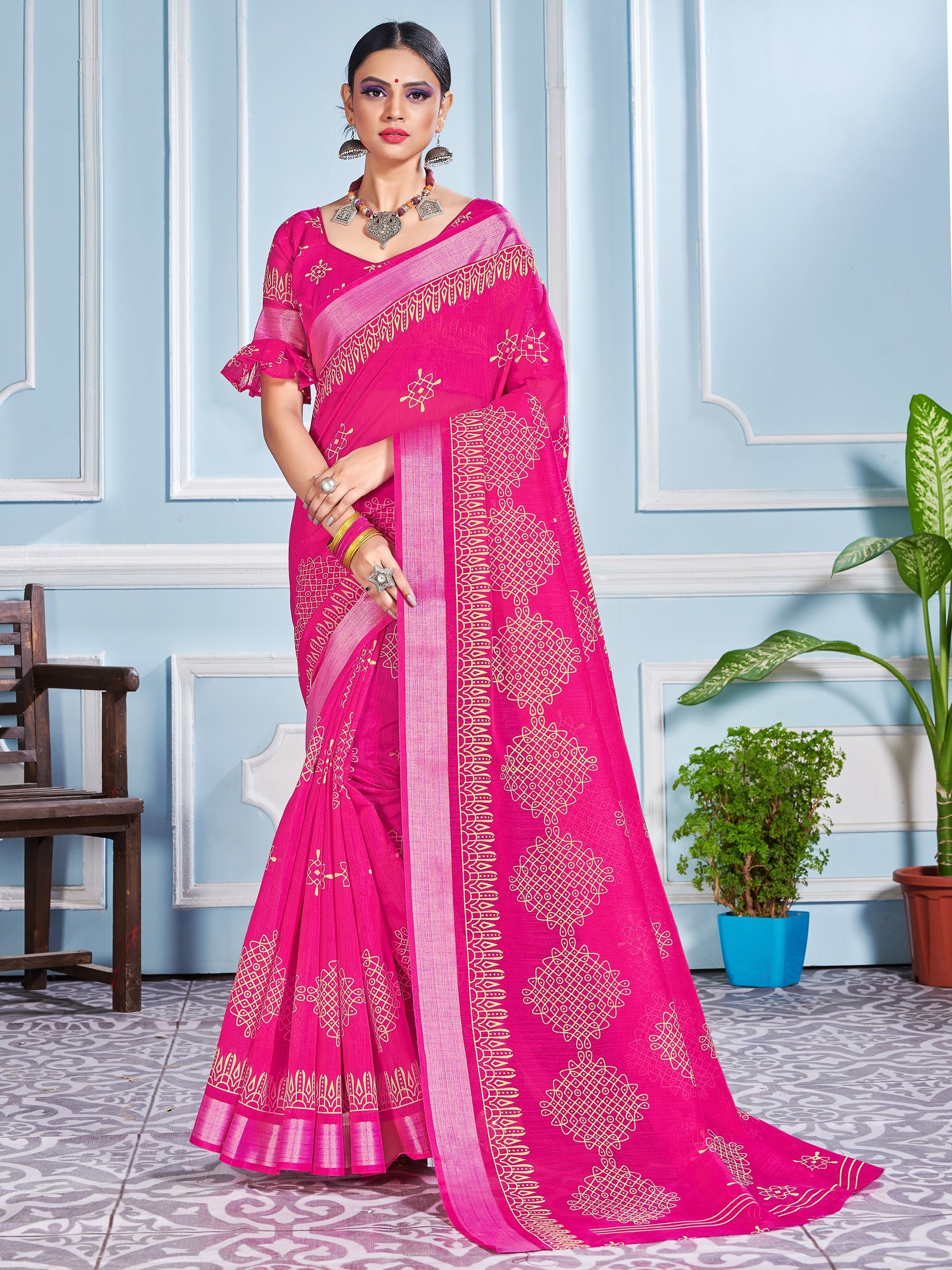 Beautiful Pink Cotton Silk Printed Saree 