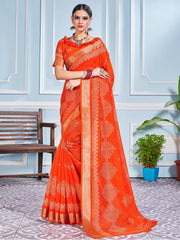 Vibrant Orange Cotton Silk Printed Saree
