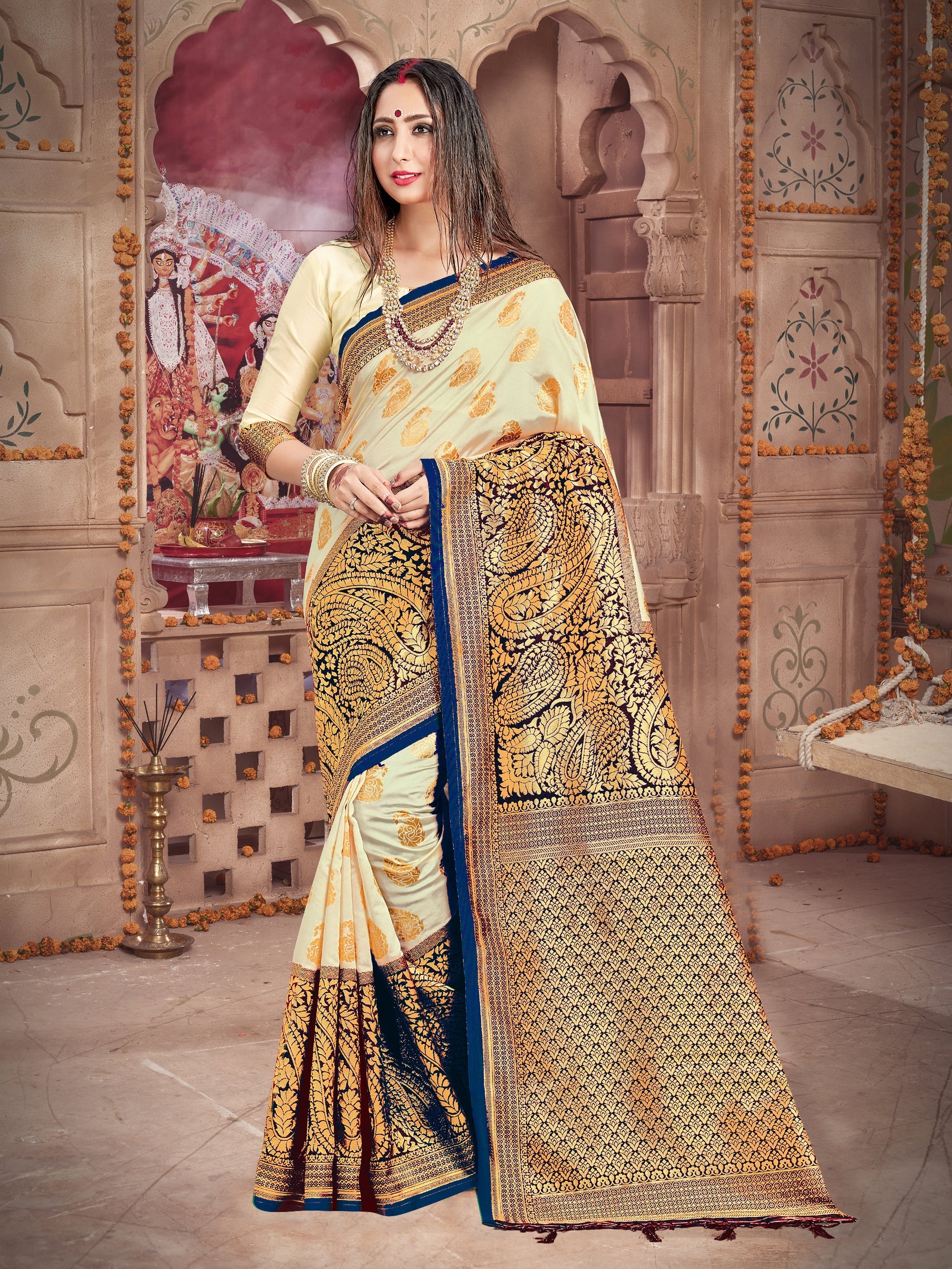 Stunning Off White Banarasi Art Silk Woven Saree 
