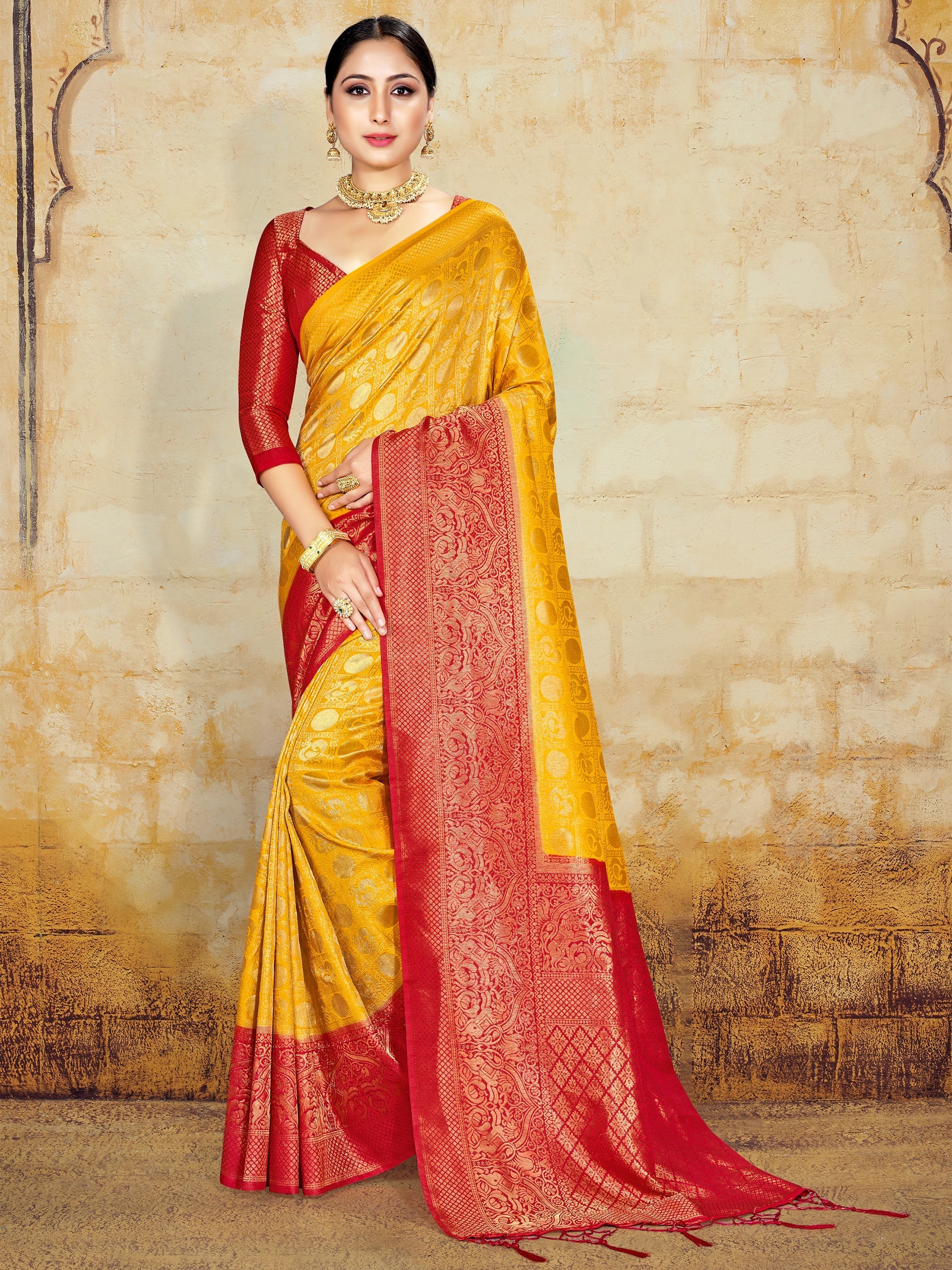Stunning Yellow Banarasi Art Silk Woven Saree 