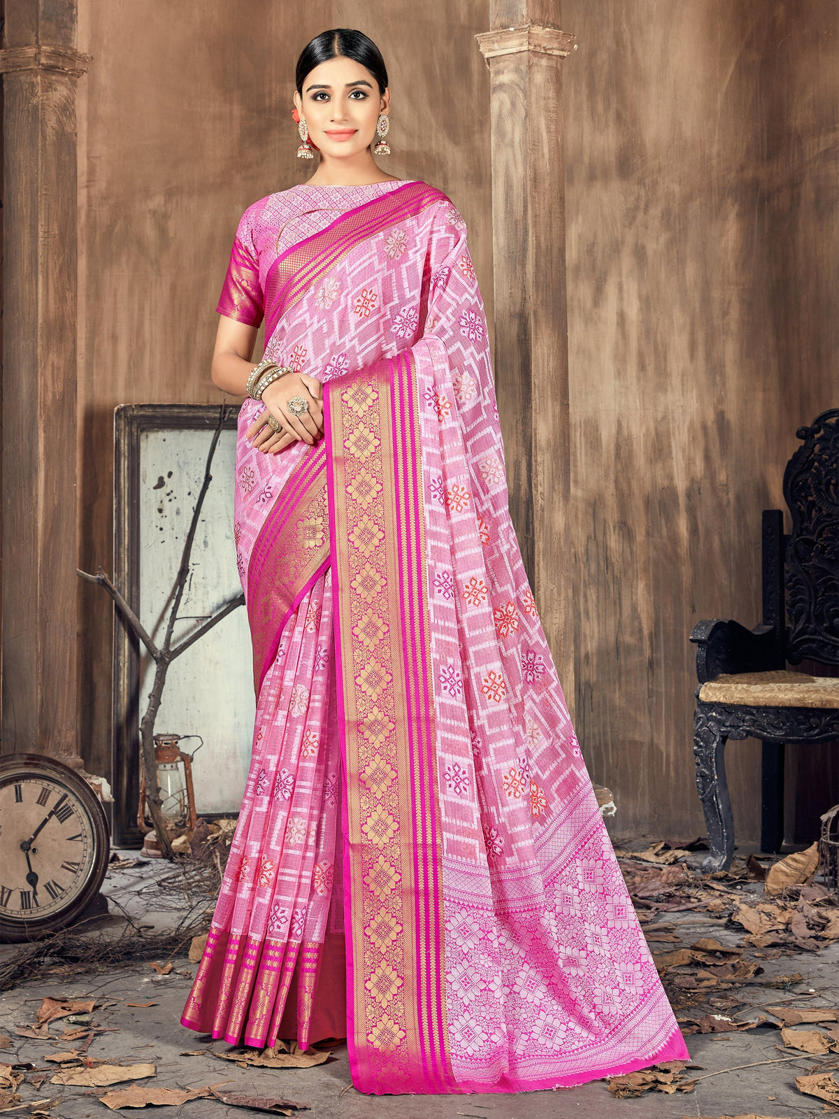 Beautiful Pink Cotton Silk Woven Saree 