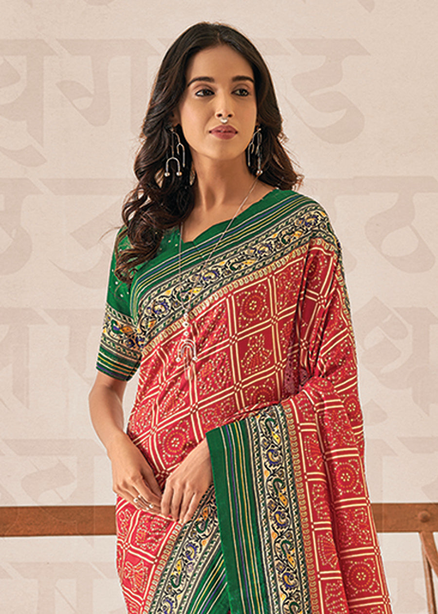 Red Cotton Silk Foil Print Saree-3309