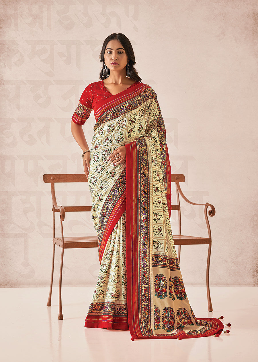 Elegant White Cotton-Silk Foil Print Saree