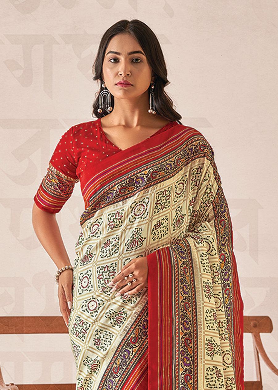 Off White Cotton Silk Foil Print Saree-3312