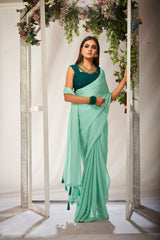 Elegant Green Georgette Solid Saree