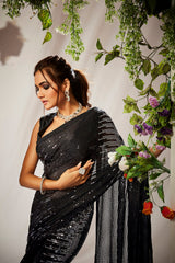 Elegant Black Georgette Sequins Saree
