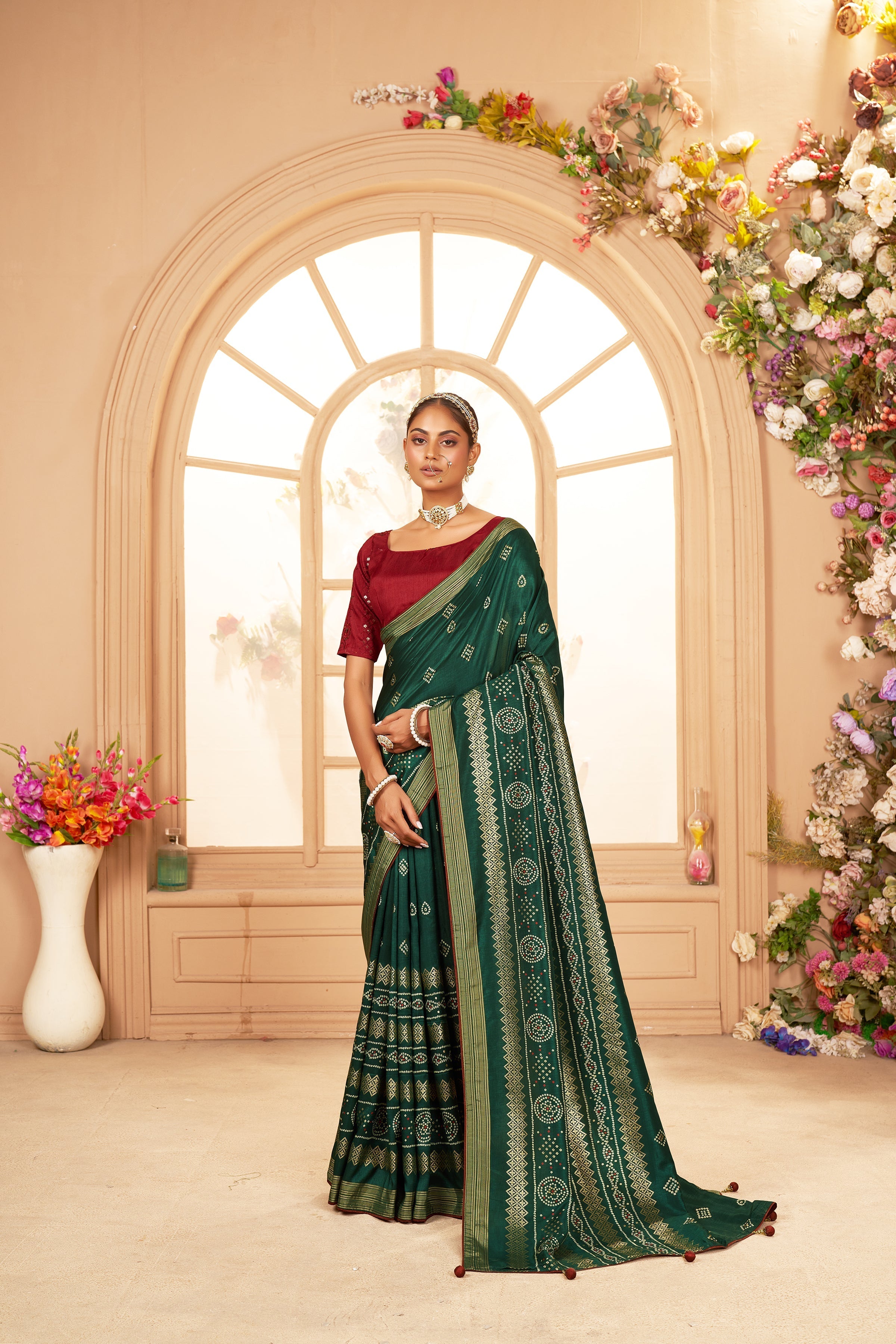 Shop Elegant Lunar Green Cotton Silk Bandhani Print Saree 