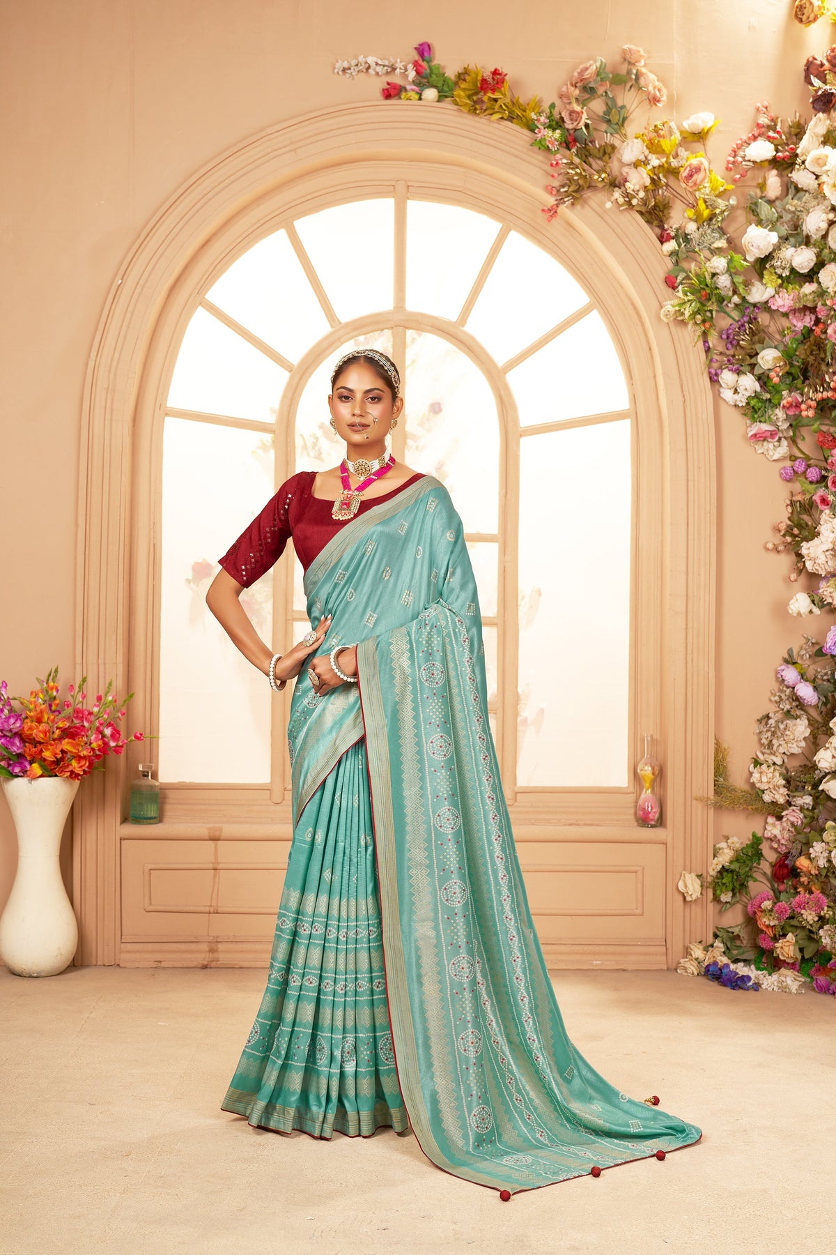  Aqua Blue Cotton Silk Bandhani Print Saree 
