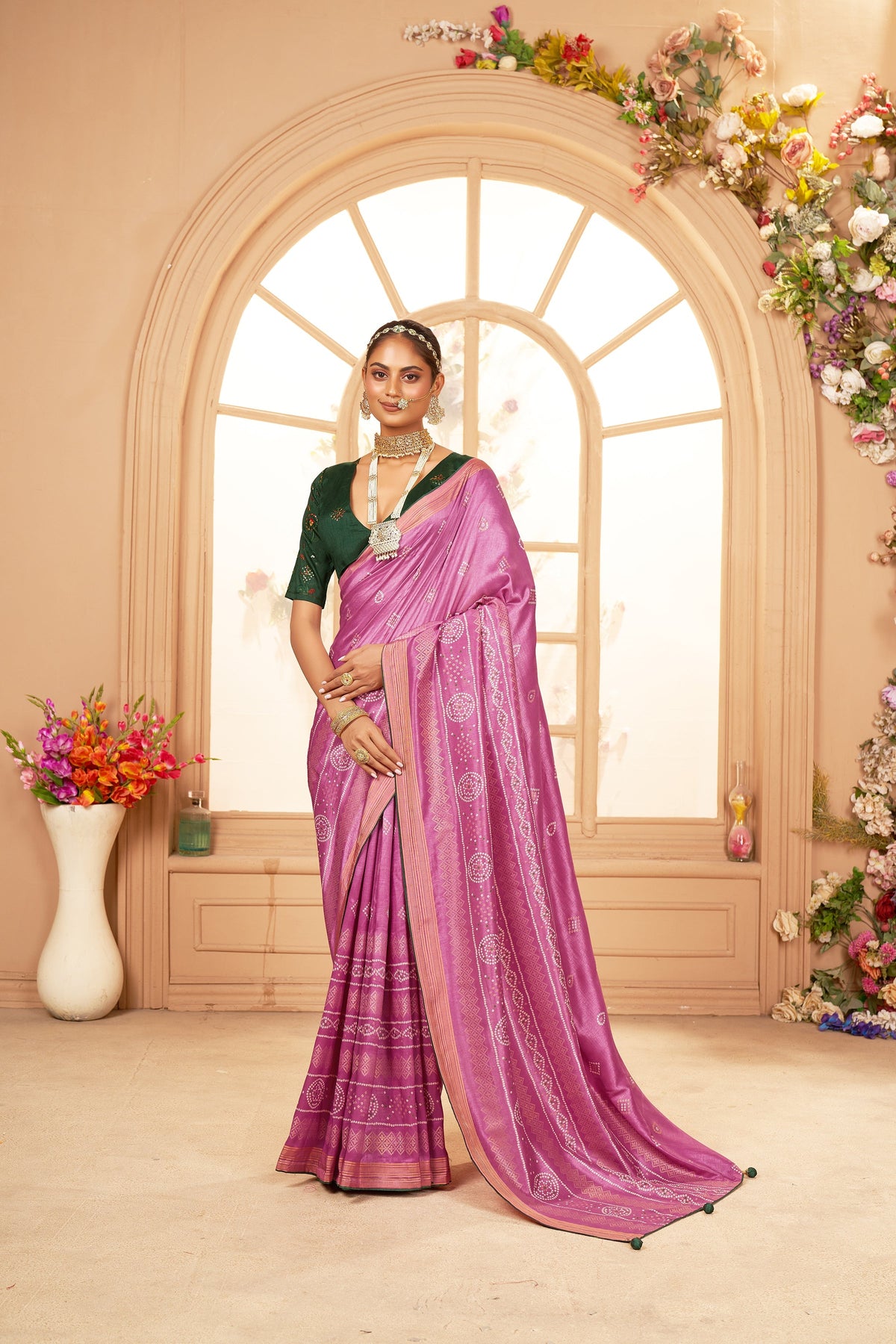  Tulip Pink Cotton Silk Bandhani Print Saree 