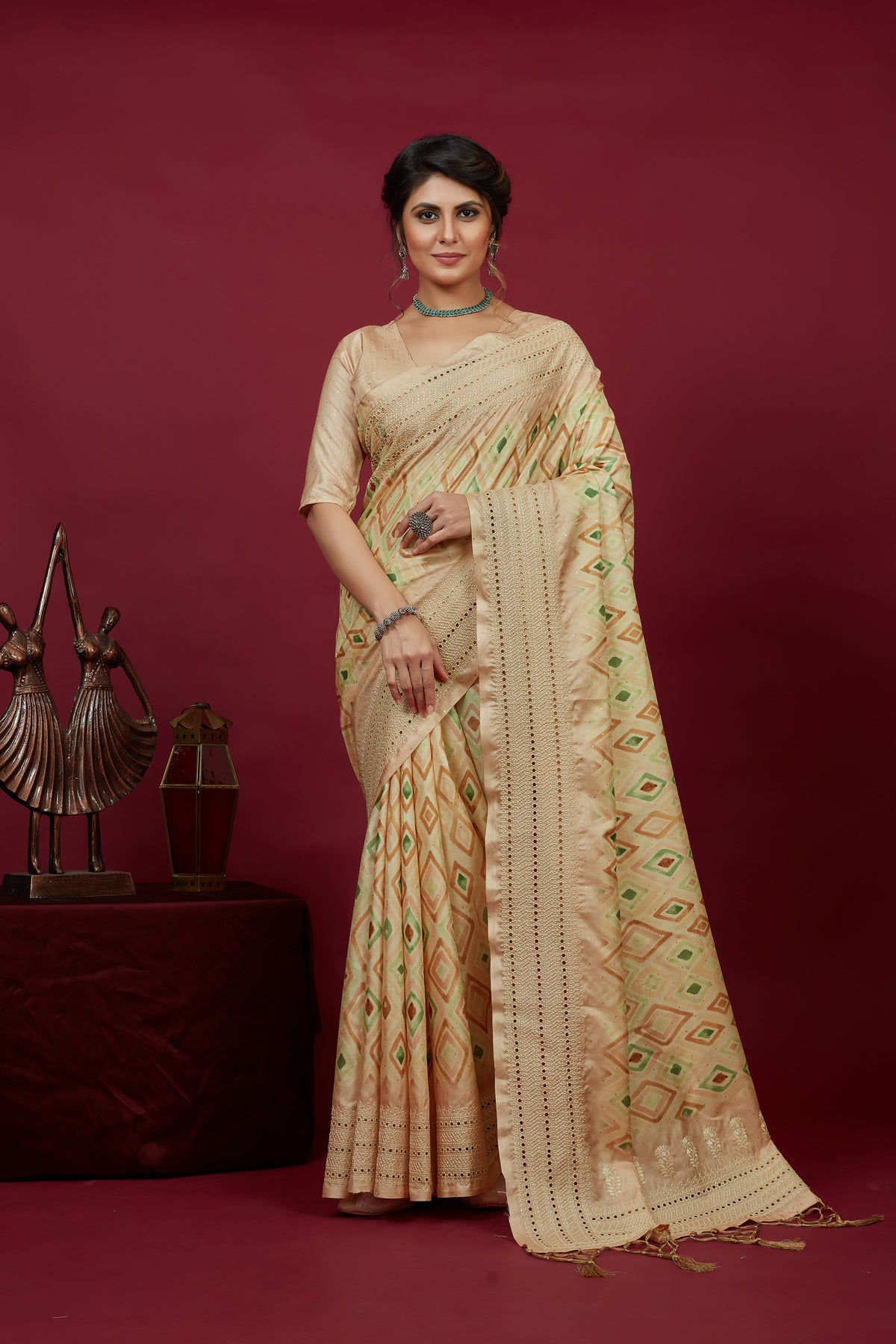  Beige Cotton Silk Chickankari Embroidery Cut Work Saree 