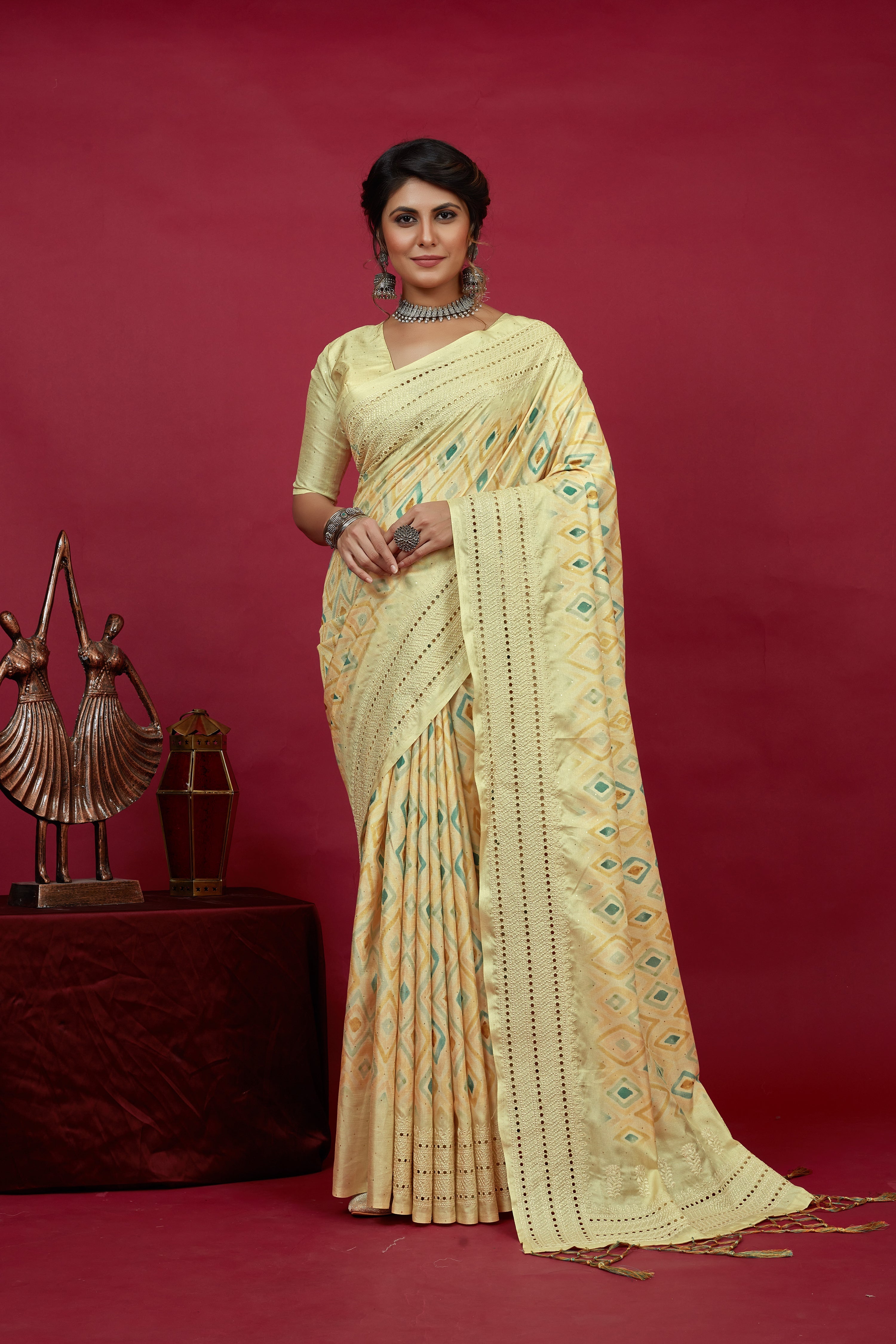 Shop Elegant Lime Cotton Silk Chickankari Embroidery Cut Work Saree 