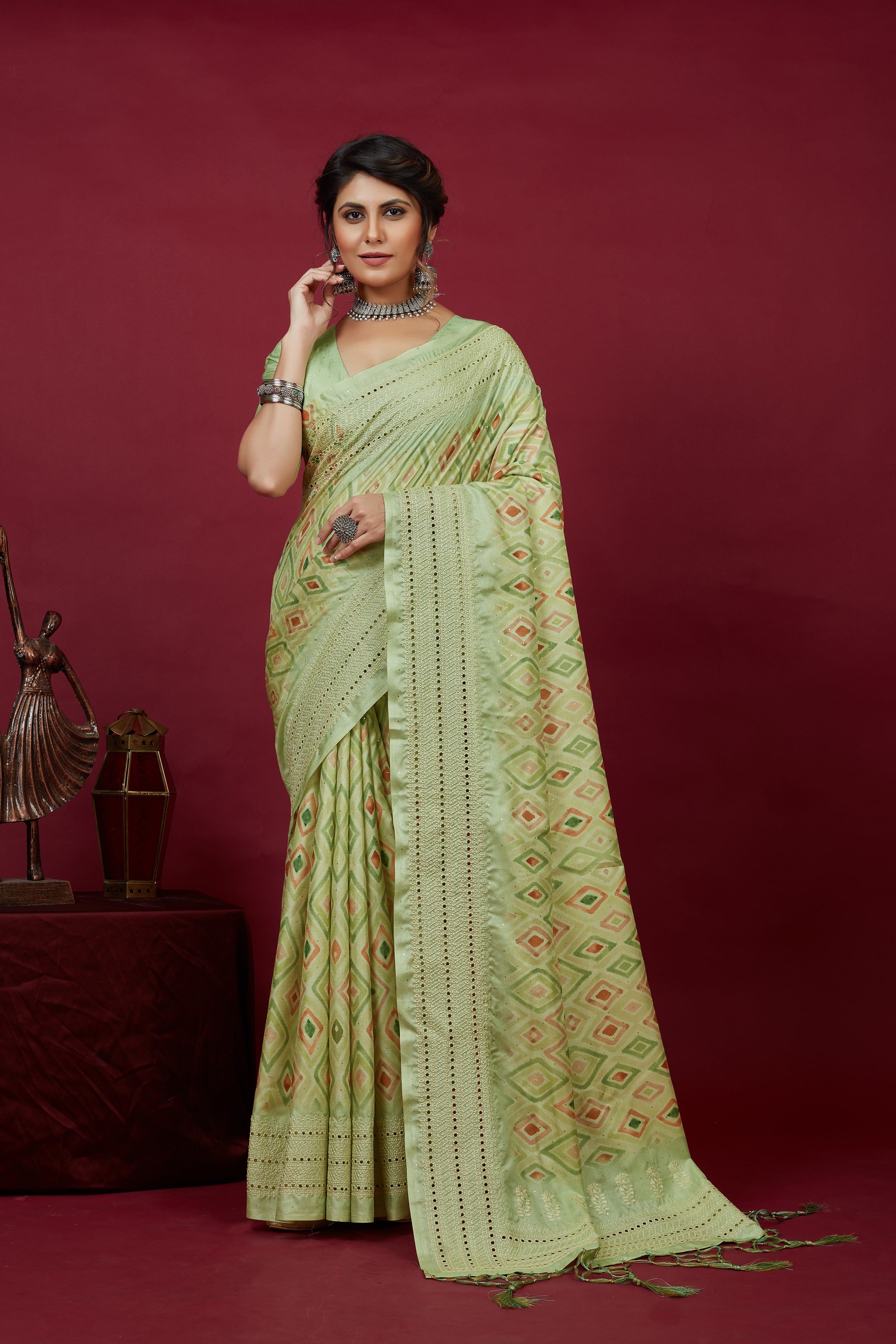  Olive Green Cotton Silk Chickankari Embroidery Cut Work Saree 