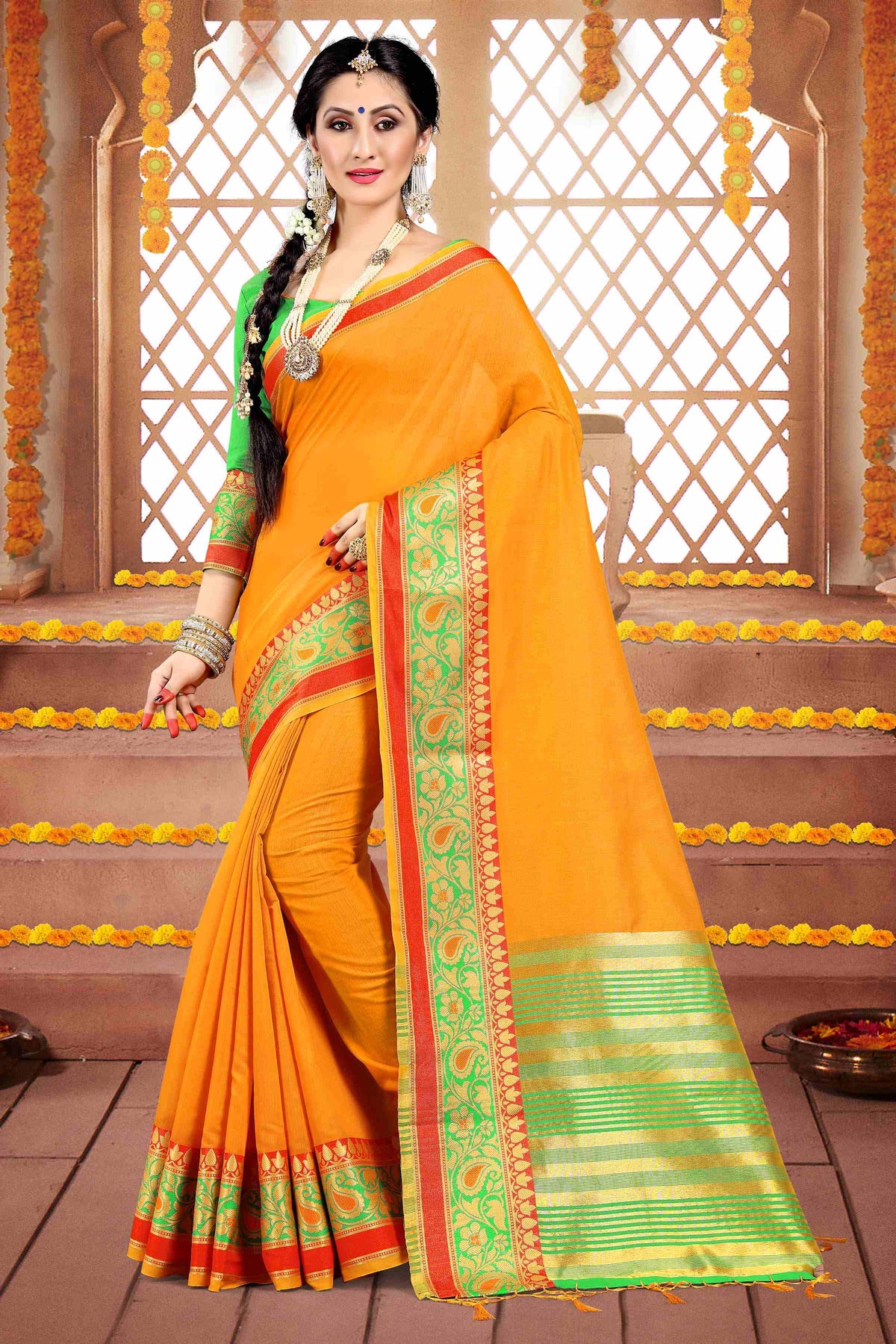  Orange Cotton Silk Woven Saree 