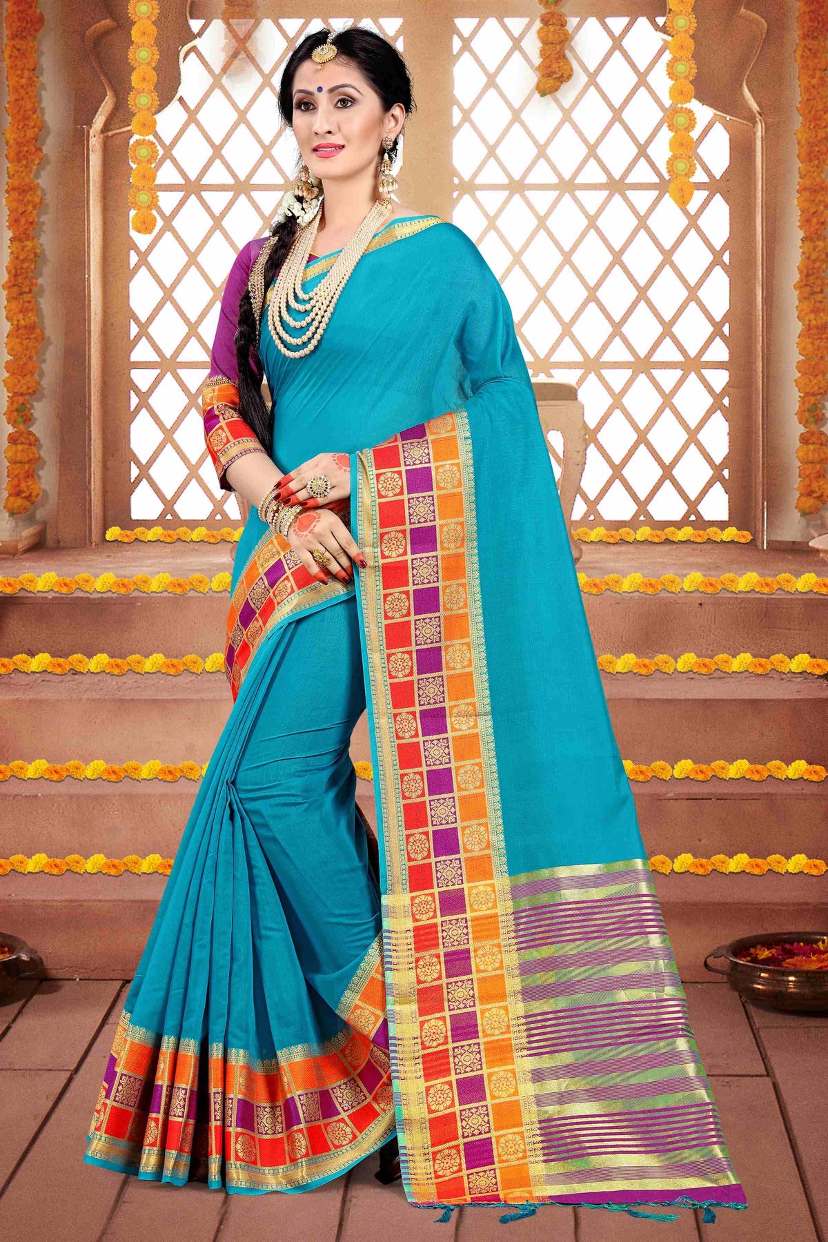 Shop Elegant Blue Cotton Silk Woven Saree 