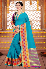 Shop Elegant Blue Cotton Silk Woven Saree 
