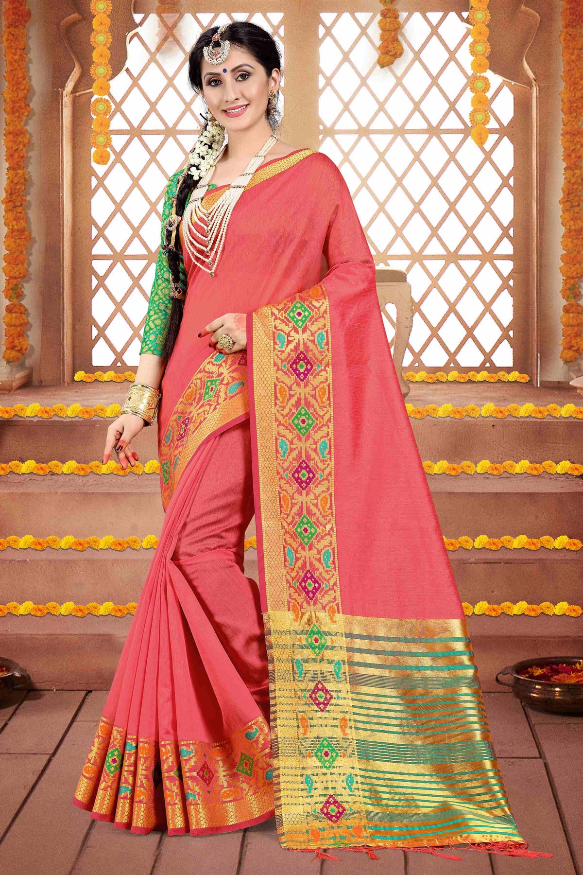 Shop Elegant Coral Cotton Silk Woven Saree 