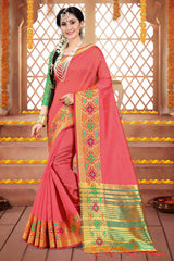 Shop Elegant Coral Cotton Silk Woven Saree 