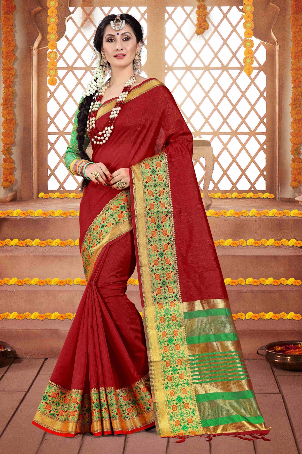 Red Cotton Silk Woven Saree 