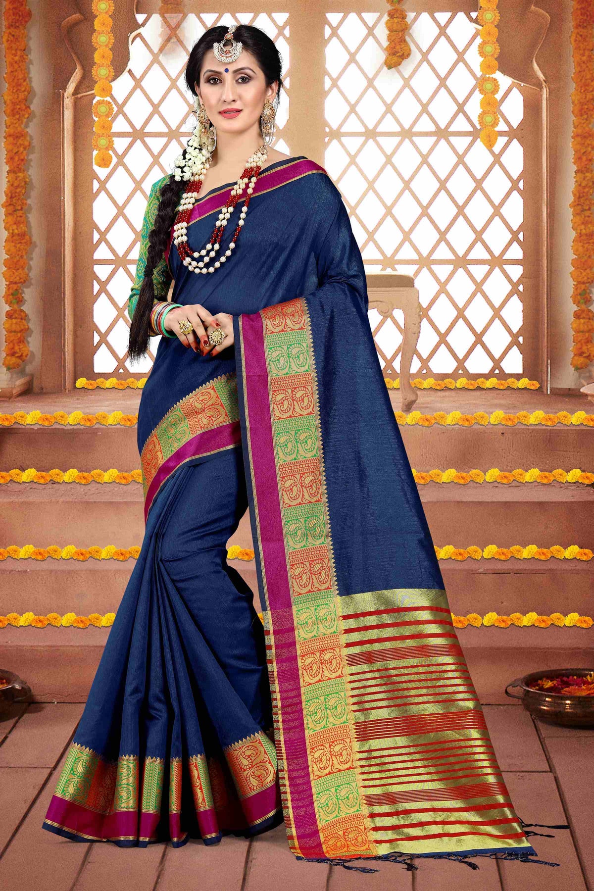 Shop Elegant Blue Cotton Silk Woven Saree 