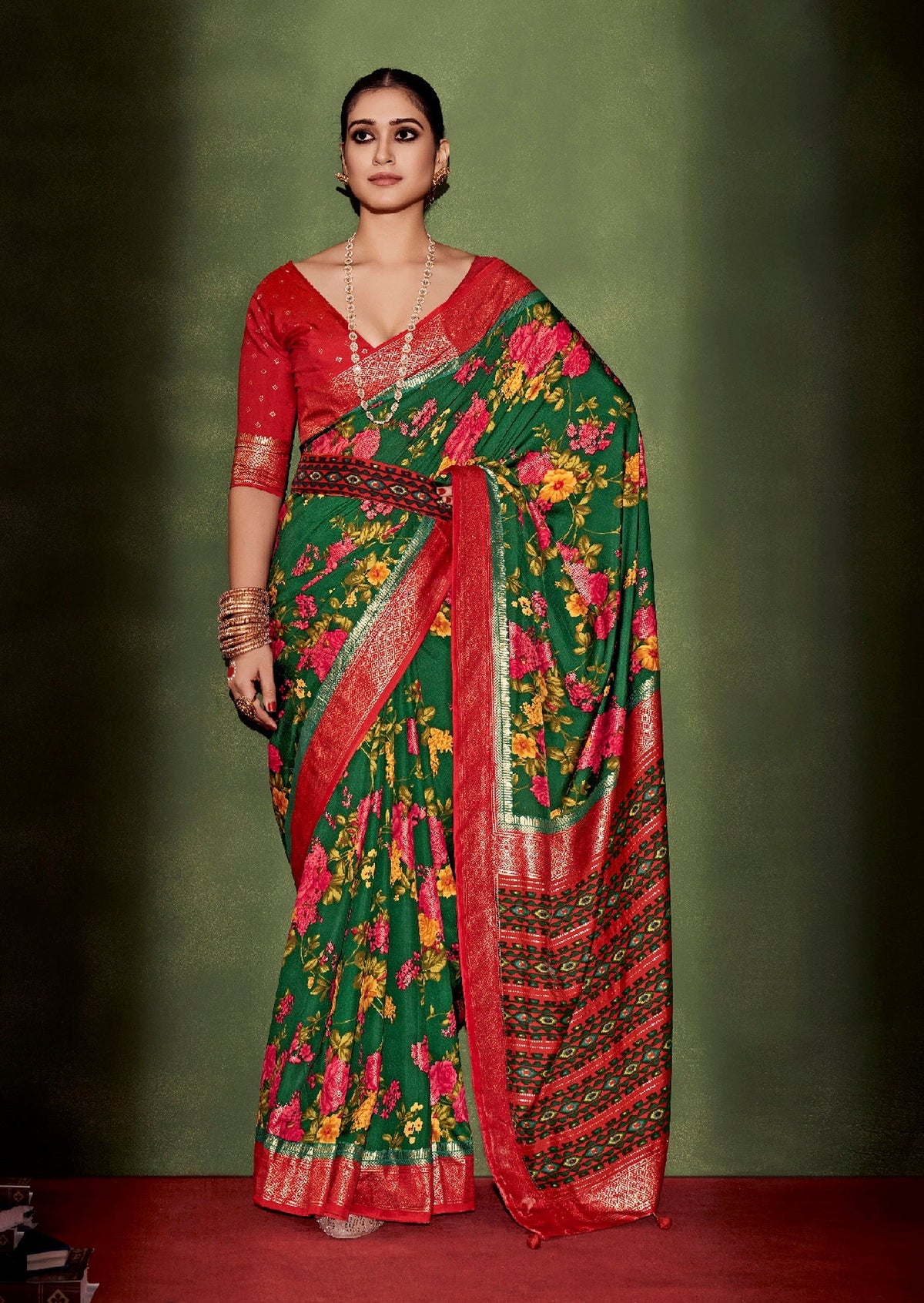  Sherwood Green Cotton Silk Floral Print Saree 