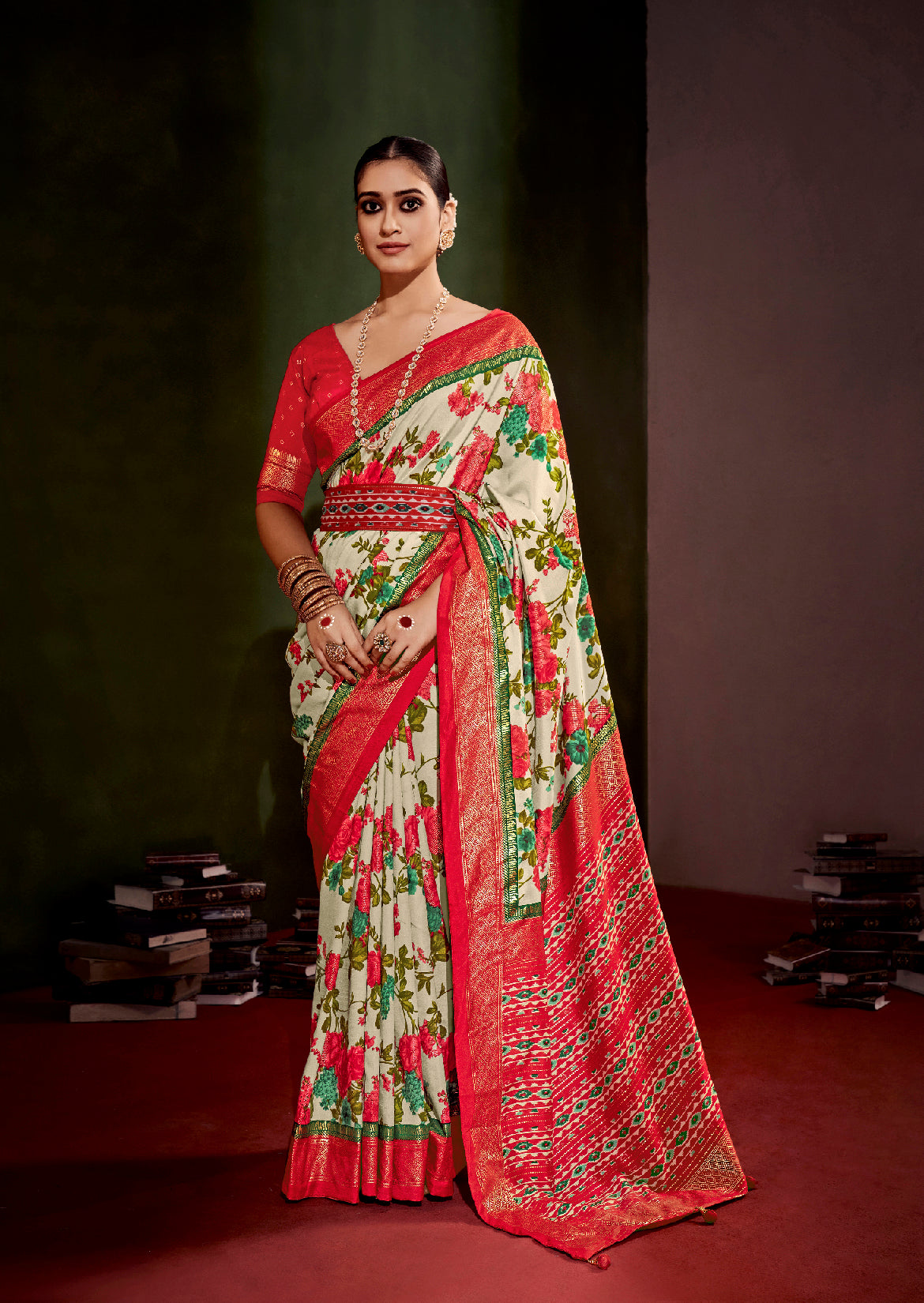 Shop Elegant Dairy Cream Cotton Silk Floral Print Saree 