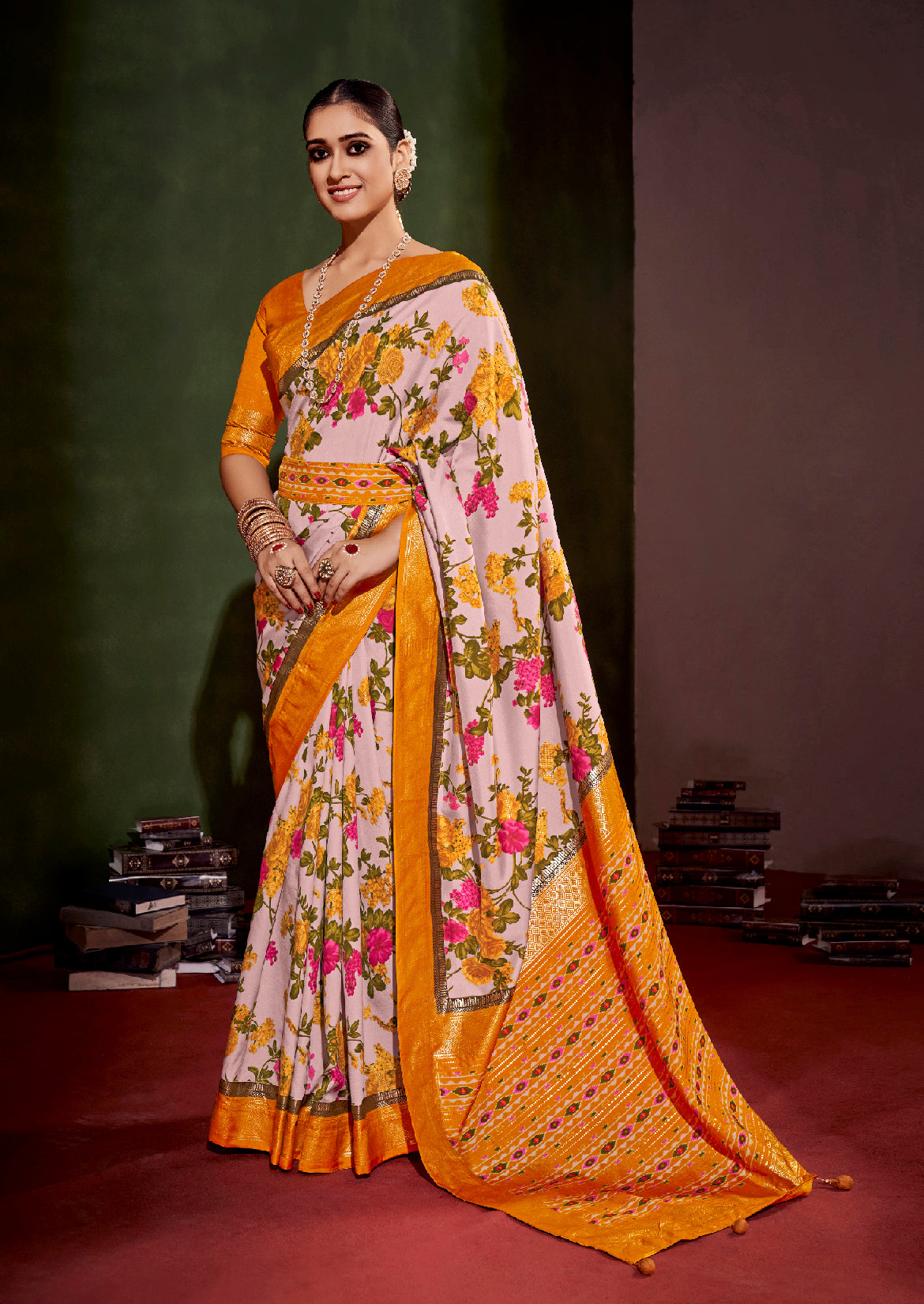 Shop Elegant Rose Pink Cotton Silk Floral Print Saree 