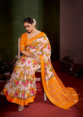 Shop Elegant Rose Pink Cotton Silk Floral Print Saree
