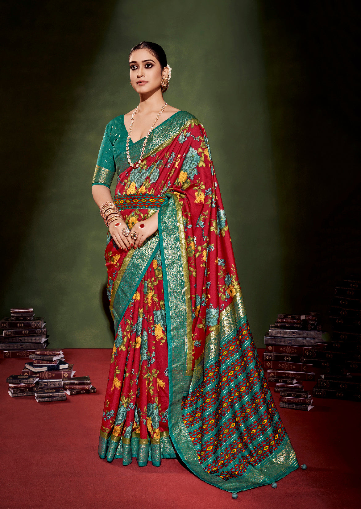 Shop Elegant Cornell Red Cotton Silk Floral Print Saree 