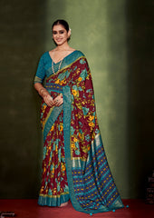  Wine Cotton Silk Floral Print Saree