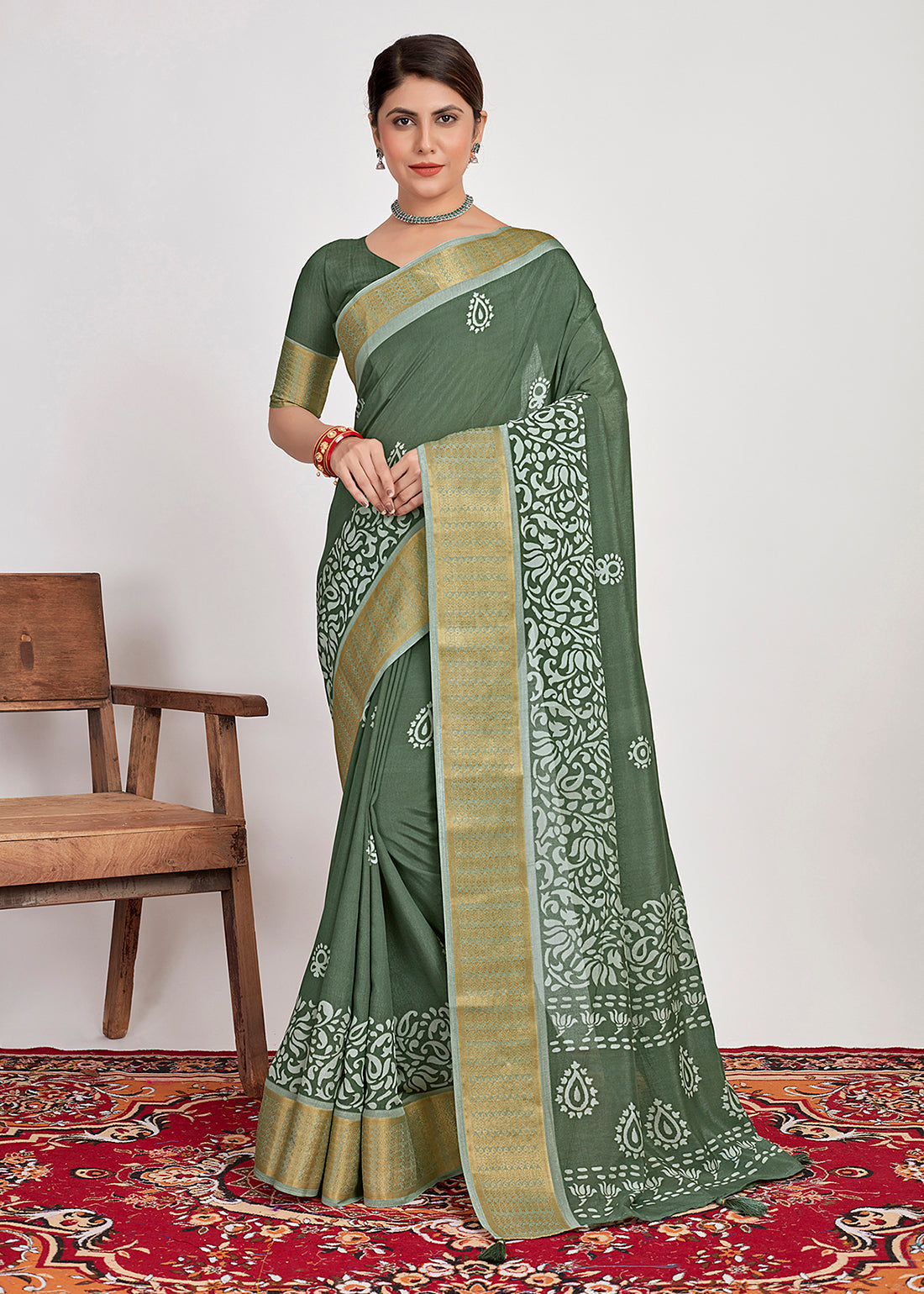  Hazel Green Cotton Silk Batik Print Saree