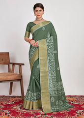  Hazel Green Cotton Silk Batik Print Saree