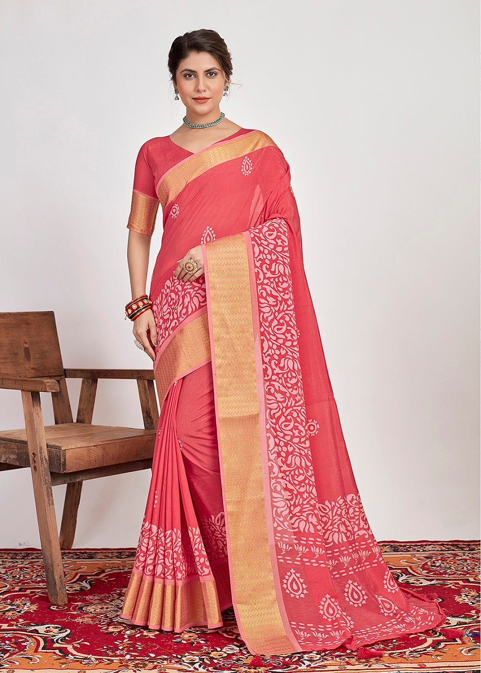 Shop Elegant Carmine Pink Cotton Silk Batik Print Saree 