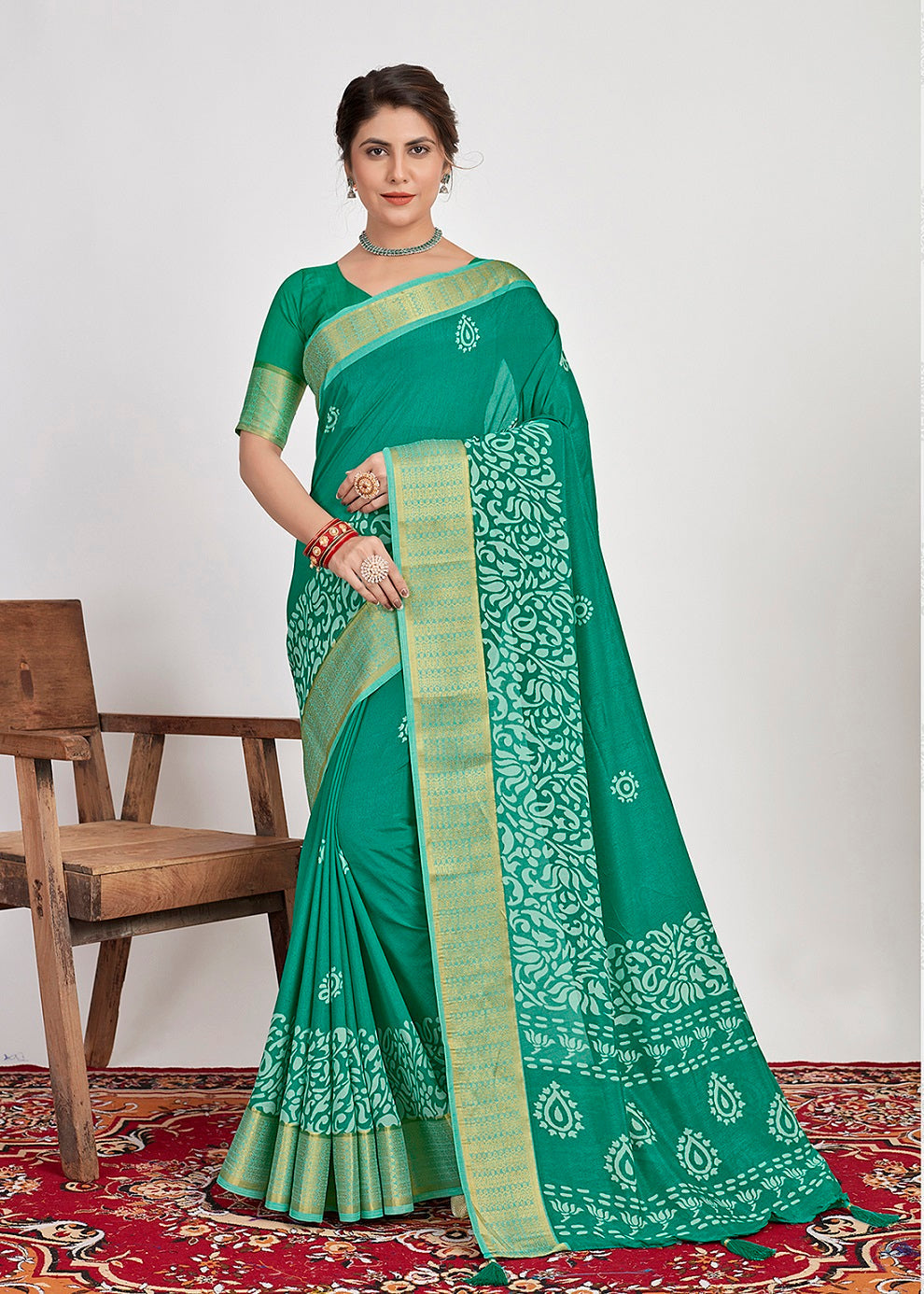  Teal Cotton Silk Batik Print Saree
