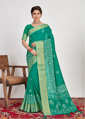 Teal Cotton Silk Batik Print Saree