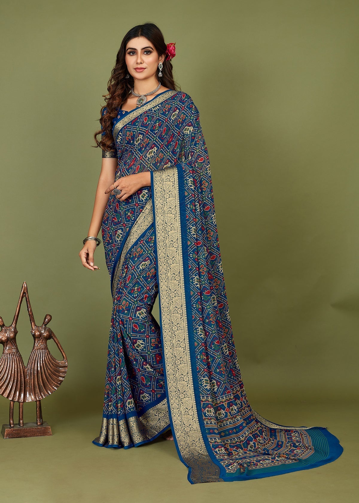  Regal Blue Cotton Silk Patola Print Saree